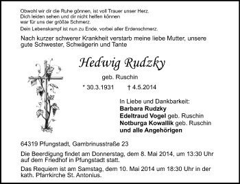 Traueranzeige von Hedwig Rudzky von Echo-Zeitungen (Gesamtausgabe)
