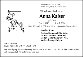 Traueranzeige von Anna Kaiser von Starkenburger Echo