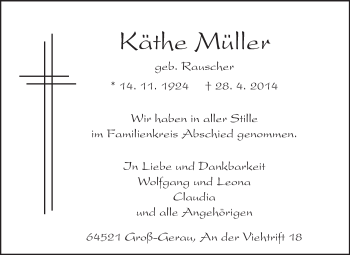 Traueranzeige von Käthe Müller von Rüsselsheimer Echo, Groß-Gerauer-Echo, Ried Echo