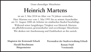 Traueranzeige von Heinrich Martens von Odenwälder Echo