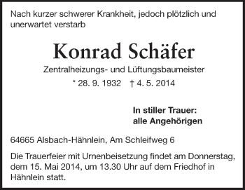 Traueranzeige von Konrad Schäfer von Echo-Zeitungen (Gesamtausgabe)