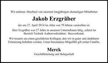 Traueranzeige von Jakob Erzgräber von Echo-Zeitungen (Gesamtausgabe)