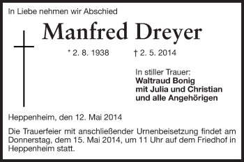 Traueranzeige von Manfred Dreyer von Starkenburger Echo