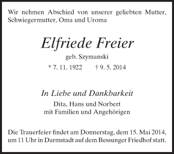 Traueranzeige von Elfriede Freier von Echo-Zeitungen (Gesamtausgabe)