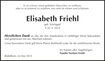 Traueranzeige von Elisabeth Friehl von Rüsselsheimer Echo, Groß-Gerauer-Echo, Ried Echo