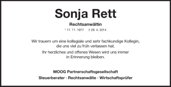 Traueranzeige von Sonja Rett von Echo-Zeitungen (Gesamtausgabe)