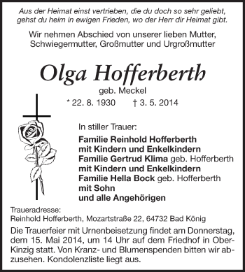 Traueranzeige von Olga Hofferberth von Odenwälder Echo