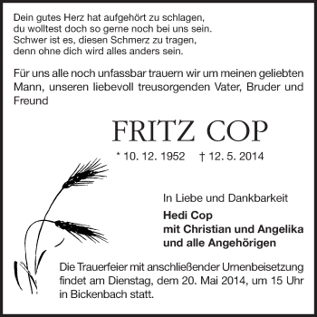 Traueranzeige von Fritz Cop von Echo-Zeitungen (Gesamtausgabe)