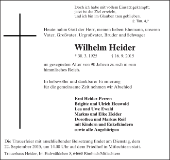 Traueranzeige von Wilhelm Heider von trauer.echo-online.de