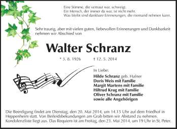 Traueranzeige von Walter Schranz von Starkenburger Echo