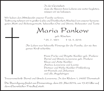 Traueranzeige von Mavia Pankow von Echo-Zeitungen (Gesamtausgabe)