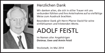 Traueranzeige von Adolf Feistl von Echo-Zeitungen (Gesamtausgabe)