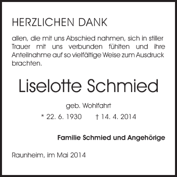 Traueranzeige von Liselotte Schmied von Rüsselsheimer Echo, Groß-Gerauer-Echo, Ried Echo