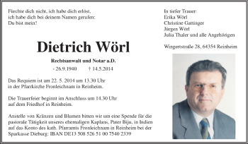 Traueranzeige von Dietrich Wörl von Echo-Zeitungen (Gesamtausgabe)