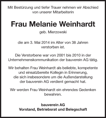 Traueranzeige von Melanie Weinhardt von Echo-Zeitungen (Gesamtausgabe)