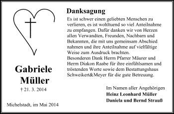 Traueranzeige von Gabriele Müller von Odenwälder Echo