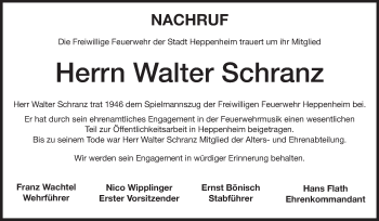 Traueranzeige von Walter Schranz von Starkenburger Echo