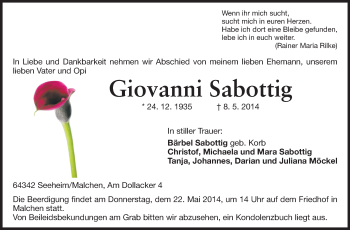 Traueranzeige von Giovanni Sabottig von Echo-Zeitungen (Gesamtausgabe)