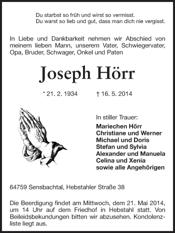 Traueranzeige von Joseph Hörr von Odenwälder Echo