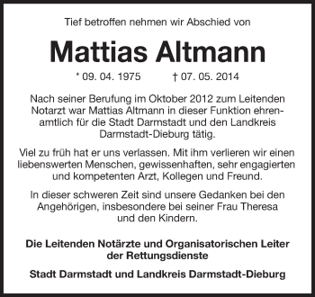 Traueranzeige von Matthias Altmann von Echo-Zeitungen (Gesamtausgabe)