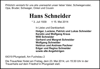 Traueranzeige von Hans Schneider von Echo-Zeitungen (Gesamtausgabe)