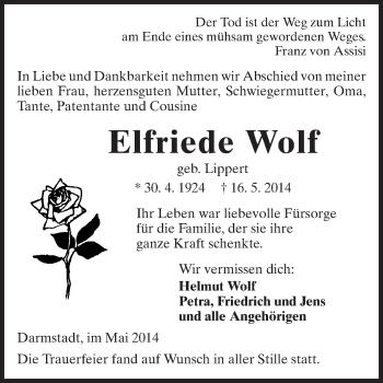 Traueranzeige von Elfriede Wolf von Echo-Zeitungen (Gesamtausgabe)