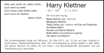 Traueranzeige von Harry Klettner von Echo-Zeitungen (Gesamtausgabe)