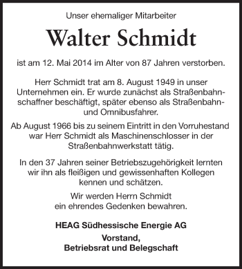 Traueranzeige von Walter Schmidt von Echo-Zeitungen (Gesamtausgabe)