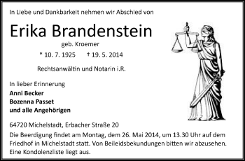 Traueranzeige von Erika Brandenstein von Odenwälder Echo