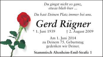 Traueranzeige von Gerd Rügner von Echo-Zeitungen (Gesamtausgabe)