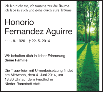 Traueranzeige von Honorio Fernandez Aguirre von Echo-Zeitungen (Gesamtausgabe)