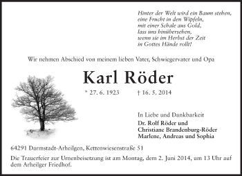 Traueranzeige von Karl Röder von Echo-Zeitungen (Gesamtausgabe)
