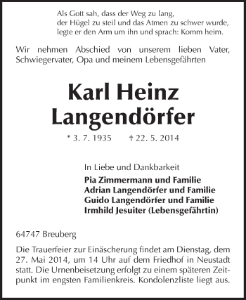 Traueranzeige von Karl Heinz Langendörfer von Odenwälder Echo