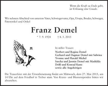 Traueranzeige von Franz Demel von Rüsselsheimer Echo, Groß-Gerauer-Echo, Ried Echo