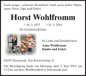 Traueranzeige von Horst Wohlfromm von Echo-Zeitungen (Gesamtausgabe)