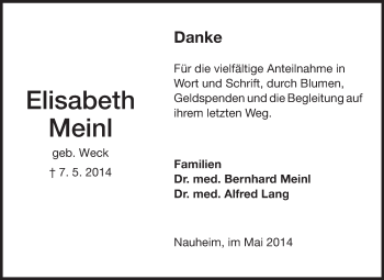 Traueranzeige von Elisabeth Meinl von Rüsselsheimer Echo, Groß-Gerauer-Echo, Ried Echo