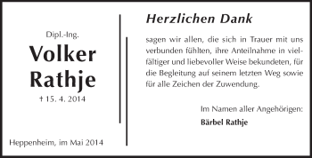 Traueranzeige von Volker Rathje von Starkenburger Echo, Bergsträßer Anzeiger