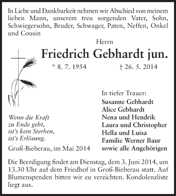 Traueranzeige von Friedrich  Gebhardt von Echo-Zeitungen (Gesamtausgabe)