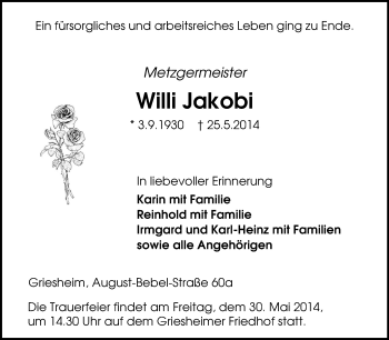 Traueranzeige von Willi Jakobi von Echo-Zeitungen (Gesamtausgabe)