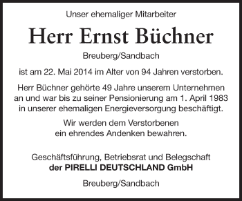 Traueranzeige von Ernst Büchner von Odenwälder Echo