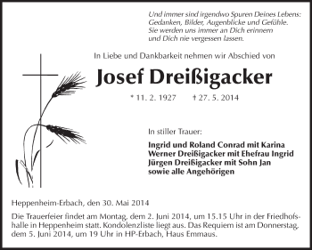 Traueranzeige von Josef Dreißigacker von Starkenburger Echo