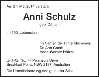 Traueranzeige von Anni Schulz von Echo-Zeitungen (Gesamtausgabe)