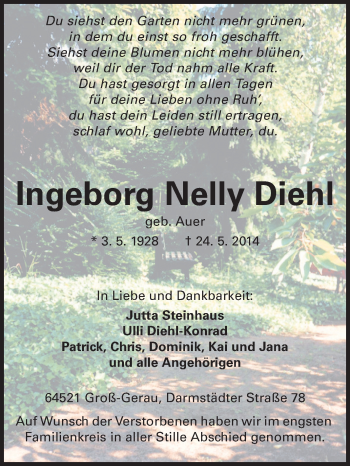 Traueranzeige von Ingeborg Nelly Diehl von Rüsselsheimer Echo, Groß-Gerauer-Echo, Ried Echo