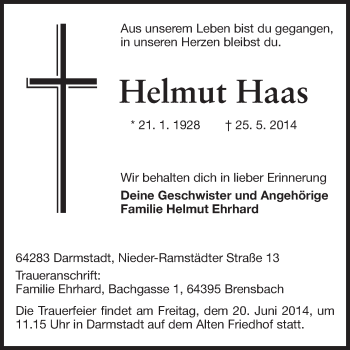 Traueranzeige von Helmut Haas von Echo-Zeitungen (Gesamtausgabe)