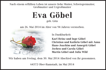 Traueranzeige von Eva Göbel von Echo-Zeitungen (Gesamtausgabe)