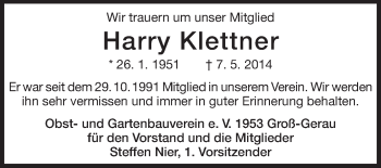 Traueranzeige von Harry Klettner von Rüsselsheimer Echo, Groß-Gerauer-Echo, Ried Echo