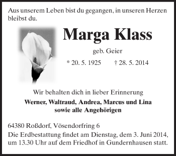 Traueranzeige von Marga Klass von Echo-Zeitungen (Gesamtausgabe)