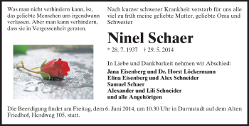 Traueranzeige von Ninel Schaer von Echo-Zeitungen (Gesamtausgabe)