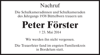 Traueranzeige von Peter Förster von Rüsselsheimer Echo, Groß-Gerauer-Echo, Ried Echo