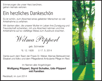 Traueranzeige von Wilma Pöpperl von Rüsselsheimer Echo, Groß-Gerauer-Echo, Ried Echo